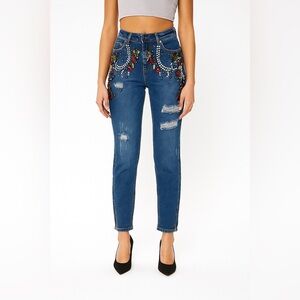 Guess Diamanté Jeweled Bedazzled Pearls Stones Beaded Skinny Leg Denim Jeans